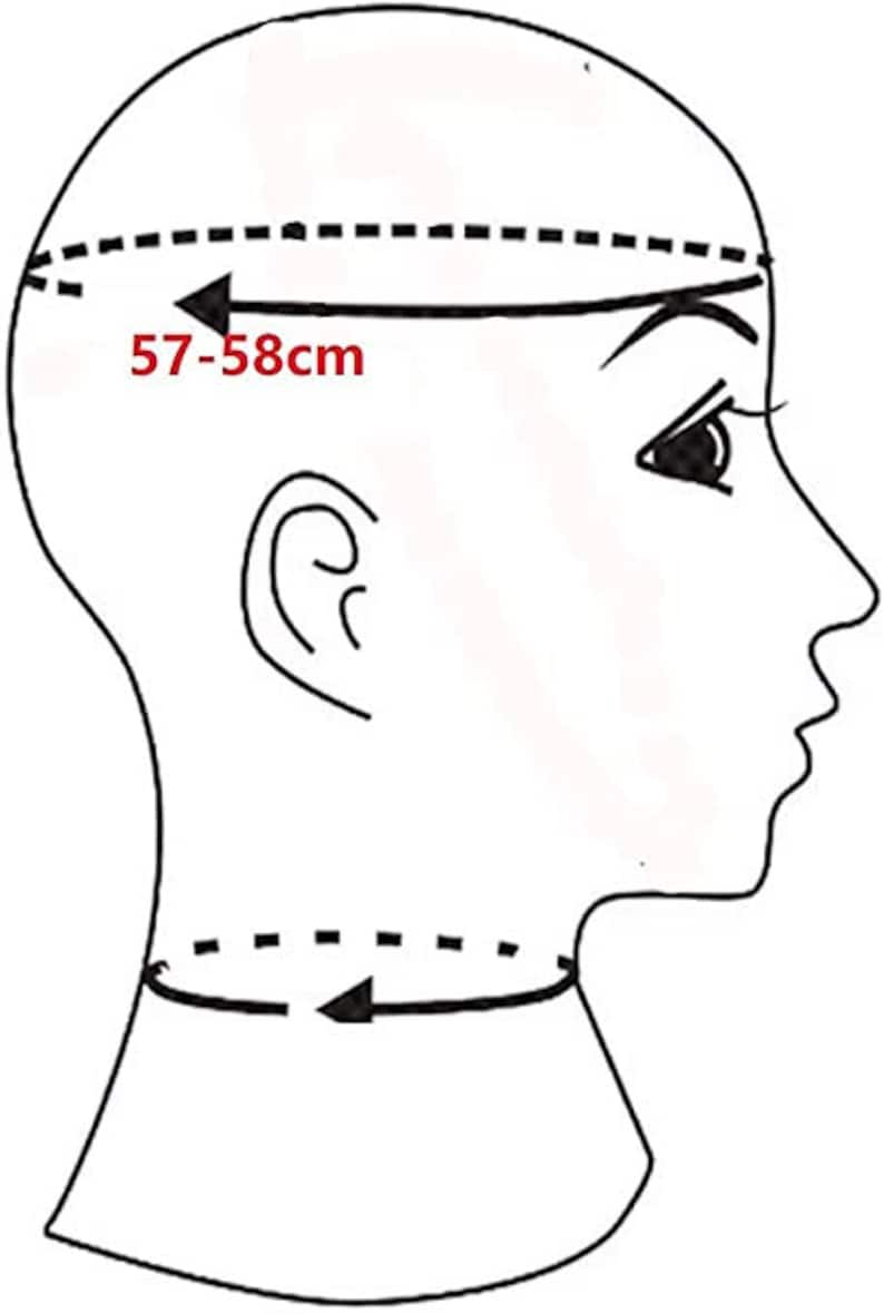 Puede incluir: Dibujo de l&iacute;nea de una cabeza con medidas para un tama&ntilde;o de sombrero de 57-58 cm.