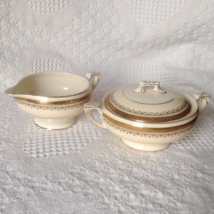 Beautiful old MYOTT Creamer and Sugar bowl, cream color, pale yellow, lots of gold