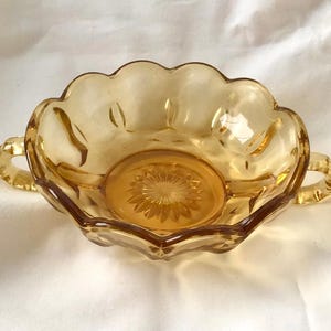 Vintage gold/amber glass Anchor Hocking two-handled candy dish