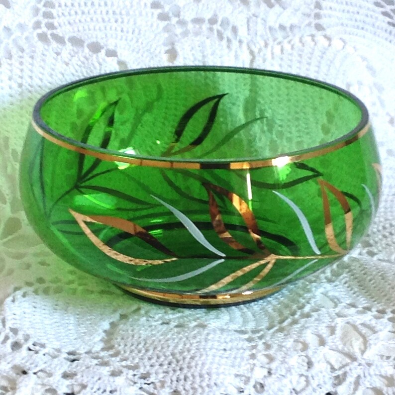 Beautiful vintage green glass gold trim bowl Etsy