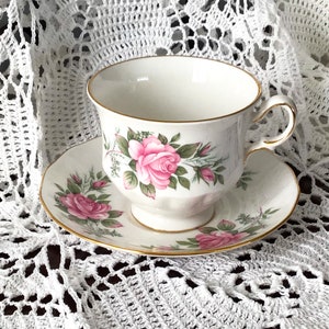 Delicate pink roses English bone china cup and saucer set, Queen Anne