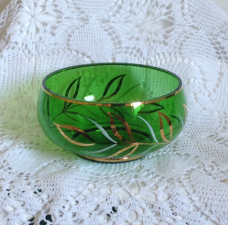 Beautiful vintage green glass gold trim bowl Etsy