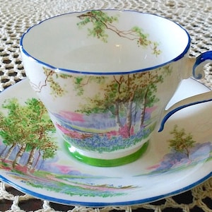 Vintage Aynsley Blue Bell Time Scenic Bone China Cup and Saucer, England