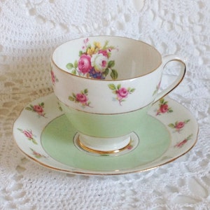 Mint green and white with pink roses cup and saucer set, Royal Standard English bone china
