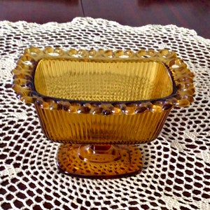 Vintage Indiana Glass rectangular open lace edge amber glass dish