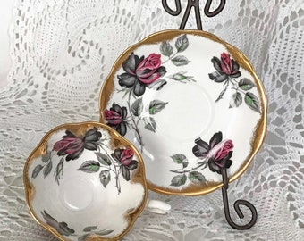 Elegant Royal Albert Black Rose Teacup & Saucer, Masquerade pattern - Avon Shape, Gold Gilded, Vintage England