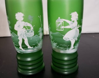 Mary Gregory Enameled Green Glass Vase Pair