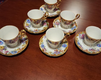 J K Carlsbad Bavaria Hand Painted Floral Teacups and Saucers- Set of 6