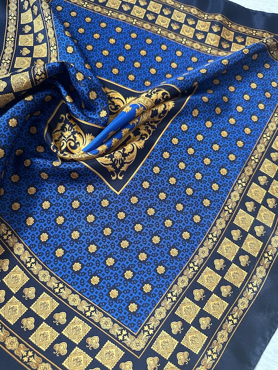 Blue yellow silk bandanna scarf - image 1