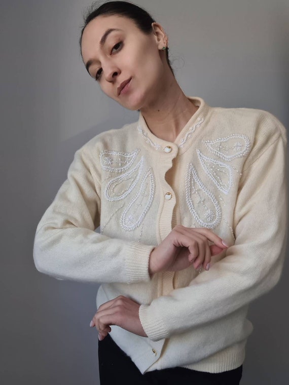 Sanco Vintage Wool Angora Cardigan Made in Hong Kong Decorated With Beads Etsy Canada