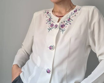 Vintage Taiwan embroidered white blouse