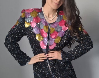 Hopfner sequinned blouse, shiny top, vintage silk jacket
