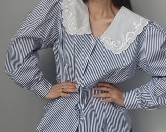 Striped blue cotton blouse white collar