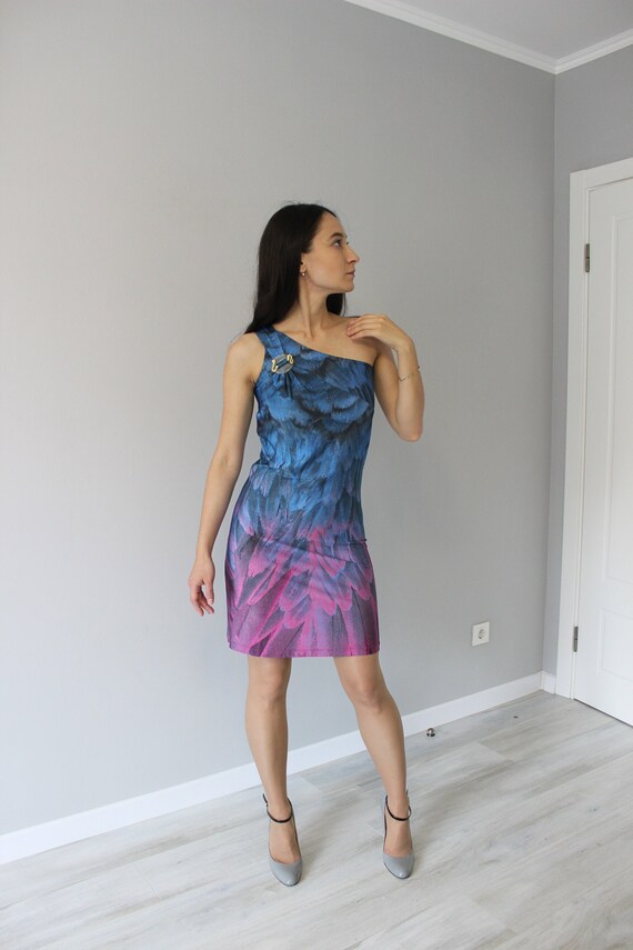 Roberto Cavalli vintage dress, one shoulder, feath