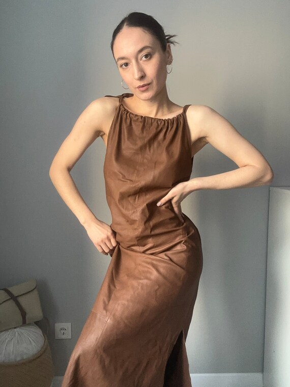 Bruine leren jurk van Depeche Etsy Nederland