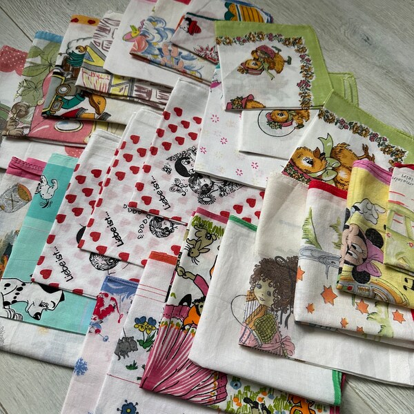 24 vintage cotton handkerchiefs, set of 24 printed handkerchiefs, animals, love is, Disney