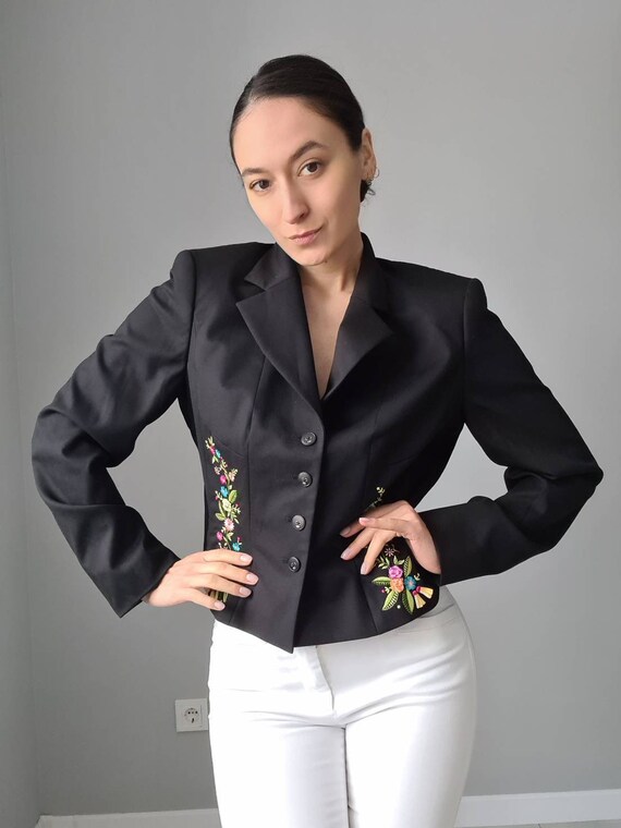 Escada Vintage Black Wool Jacket With Embroidery 