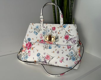 Vintage witte leren tas met bloemenkunst