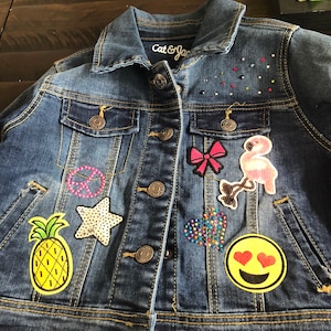 Custom patchwork, rhinestone jean jacket for children