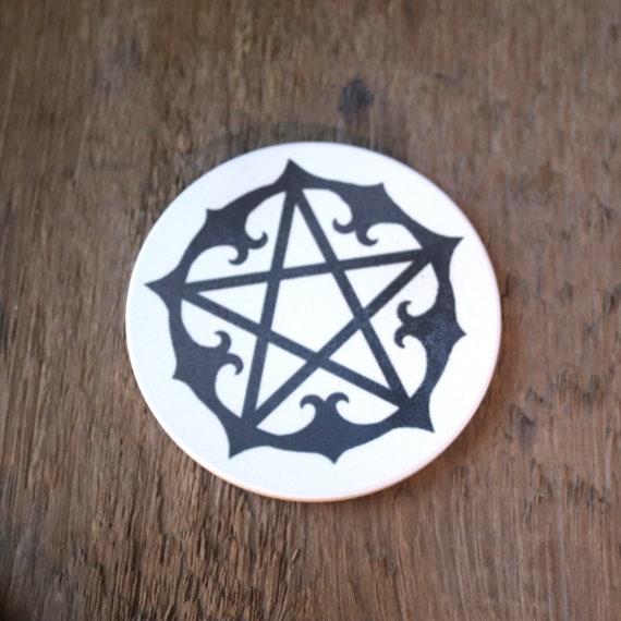 Sandstone Pentacle Tile, Altar Tile, Pentacle Coaster, Pentacle Disk, Original Art Pentacle Design on Sandstone Tile