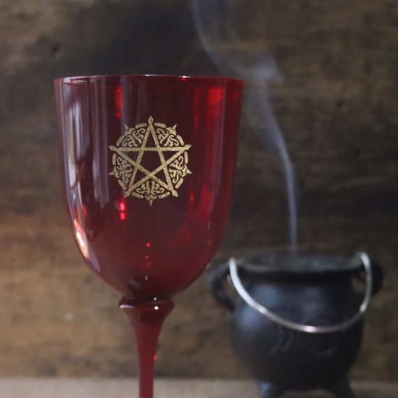 Red Pentacle Chalice, Witch's Pentacle Chalice, Red Chalice with Gold Etched and Enameled Pentacle, Signed Chalice