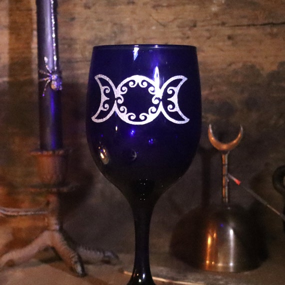 Triple Moon Chalice, Witch's Triple Moon Chalice, Blue Chalice with Etched and Enameled Triple Moon, Witchy Altar Chalice