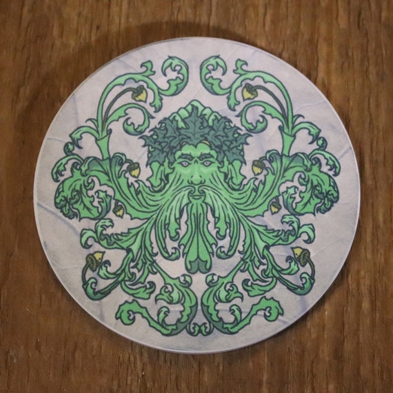 Greenman Sandstone Coaster, Greenman Altar Tile, Witchy Decor, Original Art Greenman on Sandstone Tile Coaster with Cork Back
