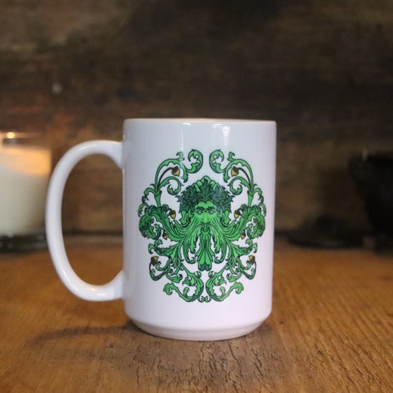 Greenman Mug, Witch's Greenman Coffee Cup, Pagan Cup, Pentacle Mug, Greenman Tea Cup, White Greenman Mug 15 oz