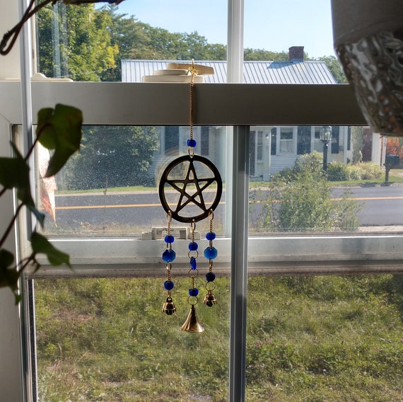 Witch's Wind Chime, Pentacle Wind Chime, Pentacle Bell Chime, Blue Wind Chime, Brass Wind Chime, Pagan Wind Chime