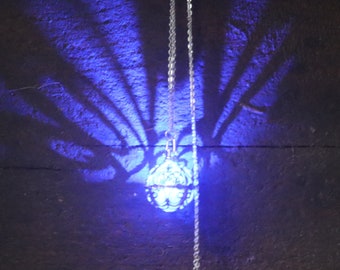 LED Blue Glowing Pendant, Filigree Pendant with LED Light, Blue Steady Glow Pendant, Colored Light Pendant, Glowing Jewelry, LED Jewelry