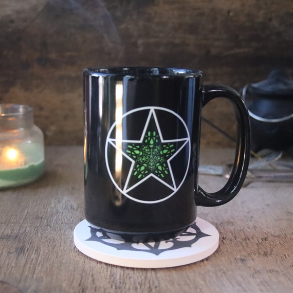 Celtic Pentacle Mug, Witch's Coffee Cup, Pagan Cup, Pentacle Mug, Celtic Pentagram Mug, Black Pentacle Mug 15 oz