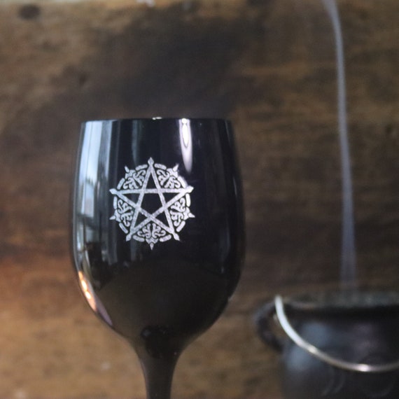 Black Pentacle Chalice, Witch's Pentacle Chalice, Black Chalice with Silver Etched and Enameled Pentacle, Signed Chalice