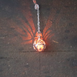 Red-Orange LED Filigree Pendant: Silver or Brass, Steady Glow