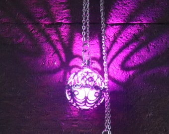 LED Purple or Pink Glowing Pendant, Filigree Pendant with LED Light, Pink or Purple Pendant, Colored Light Pendant, Glowing Jewelry