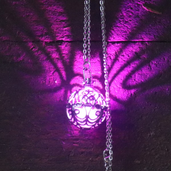 LED Purple or Pink Glowing Pendant, Filigree Pendant with LED Light, Pink or Purple Pendant, Colored Light Pendant, Glowing Jewelry