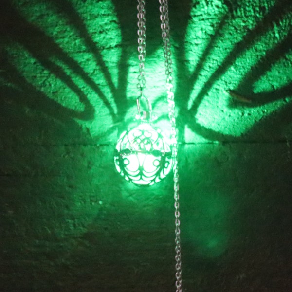 LED Green Glowing Pendant, Filigree Pendant with LED Light, Steady Light Pendant, Green Colored Light Pendant, Glowing Jewelry, LED Jewelry