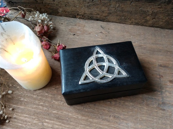 Triquetra Box, Black Wooden Box with Metal Inlay Triquetra Symbol, Celtic Triple Knot Box