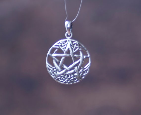 Sterling Silver Pentacle Pendant, Witch's Pentagram with Moon, Pentagram Pendant with Crescent Moon, Celtic Styled Sterling Pentacle