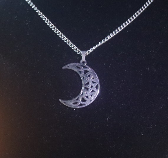 Stainless Steel Crescent Moon Pendant, Celtic Moon Pendant, Steel Moon Pendant, Witchy Pendant, Witch's Moon Necklace
