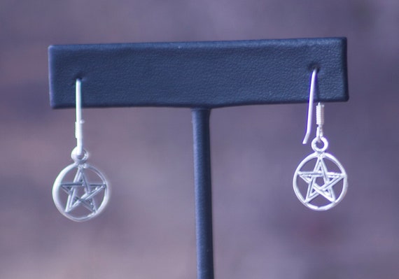 Sterling Silver Pentacle Earrings, Dainty Drop Pentagram Earrings, French Hook Silver Pentacles, Witchy Pentacle Earrings, Petite Pentacles