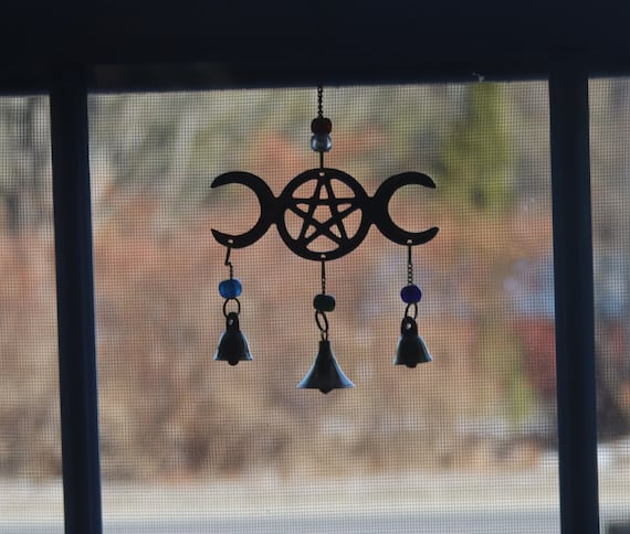 Triple Moon Pentacle Wind Chimes, Brass Witchy Wind Chimes, Witchy Bells, Witches Decor, Witch's Windchimes