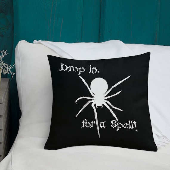 Spooky spider pillow! Spider decor for your home - witchy decor, Drop in for a Spell Toss Pillow, Witch's Toss Pillow, Gothic Home Decor
