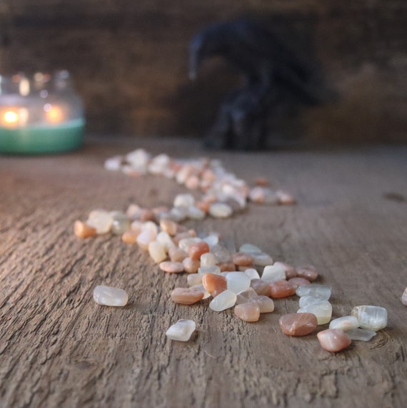 12 Tiny Gray and Peach Moonstones Tumbled, 12 Moonstones Extra Small, 12 Small Tumbled Gray and Peach Moonstone Crystals