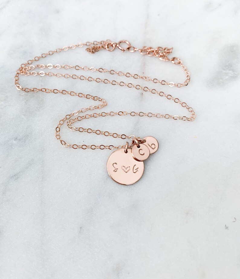 .925 Sterling Silver Family Necklace Customs Initials with 6mm disc 14K Rose Gold Filled 14k Gold Filled