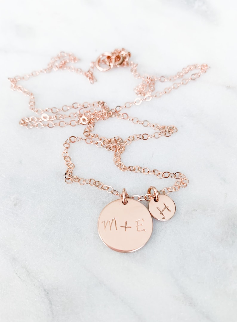 .925 Sterling Silver Family Necklace Customs Initials with 6mm disc 14K Rose Gold Filled 14k Gold Filled