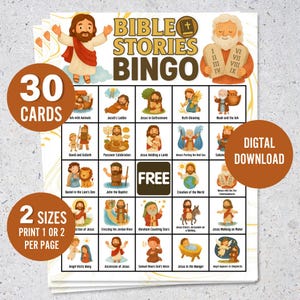 Juego de bingo de historias bíblicas: 30 tarjetas imprimibles con personajes del Antiguo y Nuevo Testamento para la escuela dominical y el aprendizaje cristiano en familia.