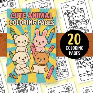 Cute Animal Coloring Pages for Kids – 20 Printable PDF Sheets, Kawaii Coloring Book, Fun Activity for Children, Instant Download