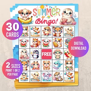 Summer Bingo Game Printable, Cute Animal Bingo Cards, Kids Summer Activity, Beach Bingo Game, Digital Download Party Game, Summer Camp Game