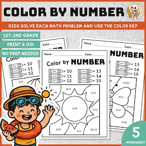 Summer Color by Number Math Worksheets Printable for Kids Grades 1-2 | Addition Coloring Pages | PDF Math Activities for Classroom