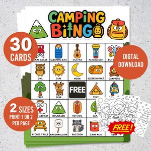 Jeu de bingo de camping pour enfants imprimable - 30 cartes mignonnes + légendes + marqueurs + pages à colorier - jeu de camping à téléchargement numérique